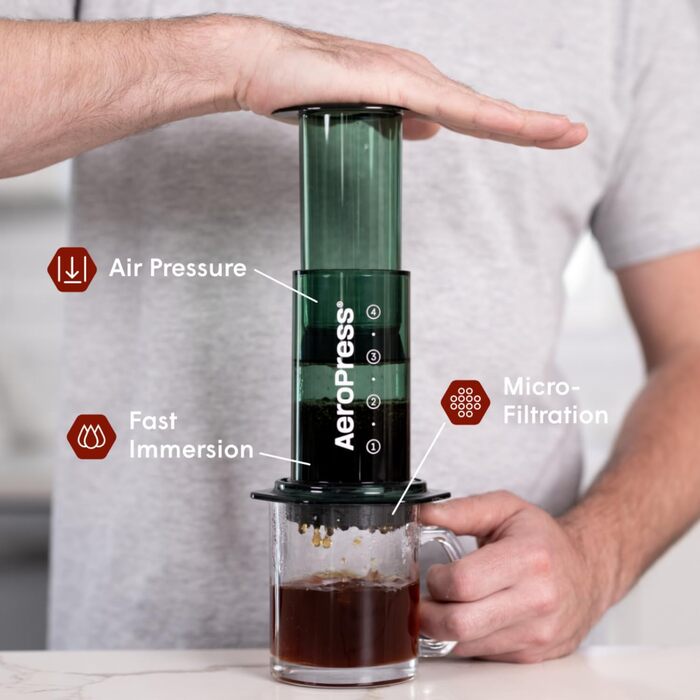 AeroPress Clear Coffee Press – 3-in-1 Coffee Maker combines French Press, Pour Over & Espresso – Full-bodied Coffee without Bitterness – Portable Mini Coffee Maker for Travel, Transparent (Standard, Green)