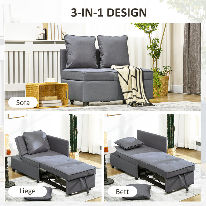 HOMCOM 3-in-1 Sleeper Chair Convertible Sofa Bed with Bed Function, 2-Seater Sofa with Adjustable Backrest, Side Pocket, Cushion, Wheels, up to 300 kg, for Small Spaces, Dark Grey | Aosom