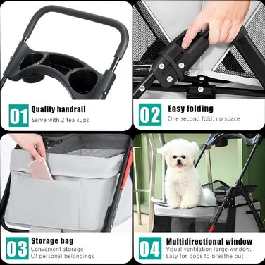 Foldable Pet Stroller for Small Dogs & Cats - 360° Swivel Wheels, Double Locking, Adjustable Canopy, Grey Mesh
