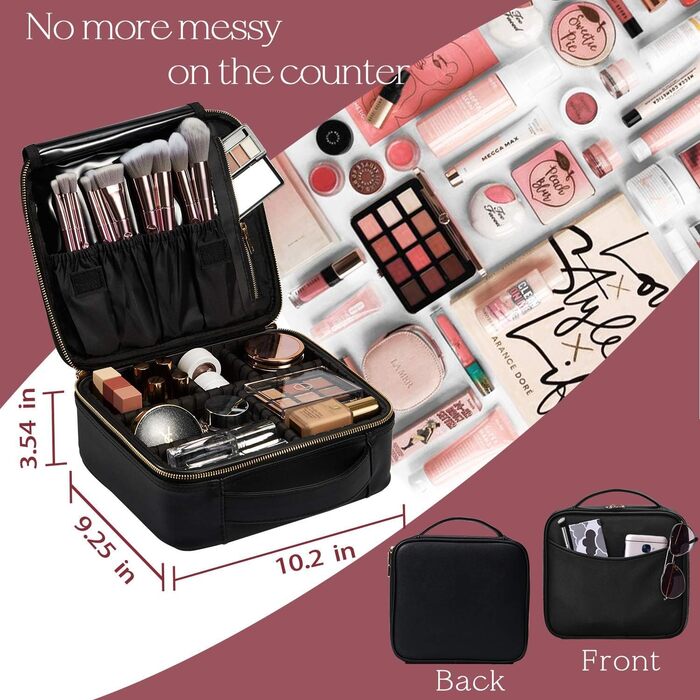 Косметичка для макіяжу та косметики, органайзер для подорожей, сумочка для косметики з ручкою та регульованими перегородками (шкірозамінник, чорний)