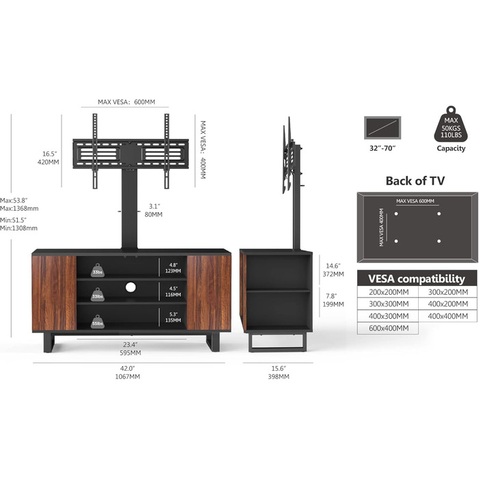 FITUEYES TV Stand with Mount - Wood TV Console for TVs 32-70 inch, Adjustable Height, Swivel ±25°, Up to 40kg, Max.VESA 600x400