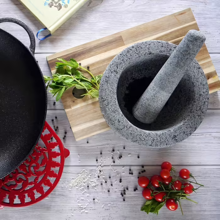 Ступка з товкачем з граніту, 20 см, сіра – кухонний набір для подрібнення спецій