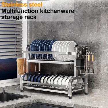 Сушарка для посуду Devesanter 2 яруси, 42 см, багатофункціональна, з піддоном, для ножів та обробної дошки (срібна)