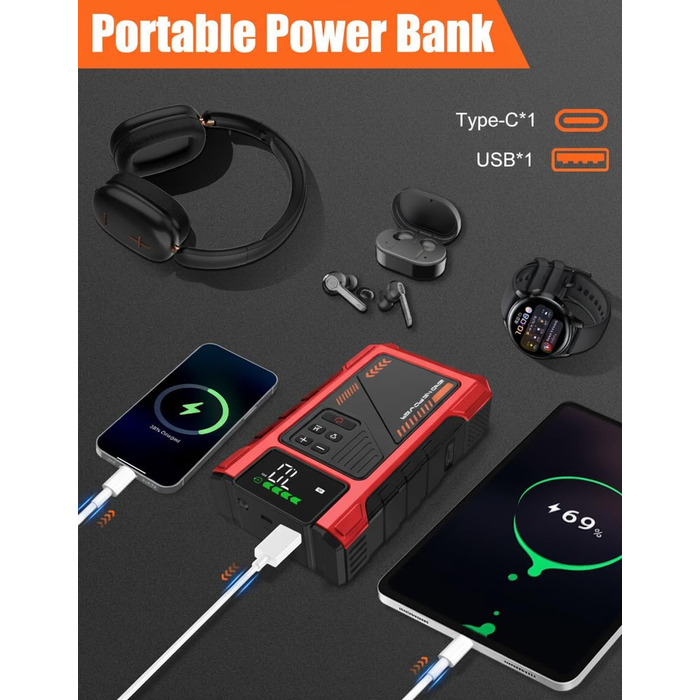 Powerbank для автомобіля з компресором 150 PSI та пусковим струмом 6000A (до 9.0л бензин/7.5л дизель), Jump Starter 12V з LCD дисплеєм, LED ліхтарик, червоний