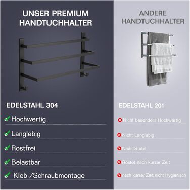 Тримач для рушників без свердління для ванної кімнати | Без бактерій | Приховані шурупи | Тримач для рушників з гачками - нержавіюча сталь SUS 304, чорний