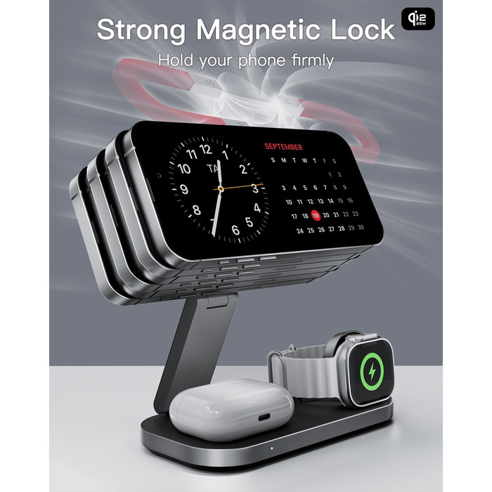 Бездротова зарядка 25W 3-в-1 з MagSafe, складана індуктивна магнітна зарядна станція для iPhone 17/Air/16/15/14/13/12, Apple Watch 10/9/8/7/6/SE/5/4/3 та AirPods Pro (з адаптером 35W), чорна