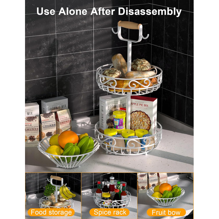 Двоярусний фрутовий кошик Couwilson з підвісною конструкцією для бананів, дерев'яною ручкою та відсіком для овочів. Підходить для зберігання фруктів, овочів, хліба, цибулі та картоплі.