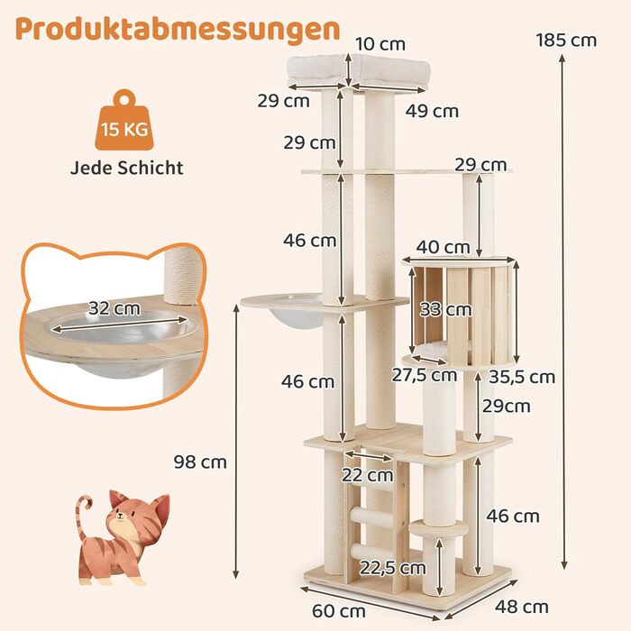 Дерев'яний котячий комплекс COSTWAY 197 см з гамаком, будиночком та кошиком, 7-ярусний, бежевий