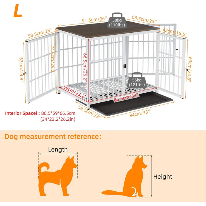 BingoPaw Клітка для собак з дерева, шафка-переноска, білий колір, 91x63x74 см. Знімний піддон, 3 двері, для середніх собак