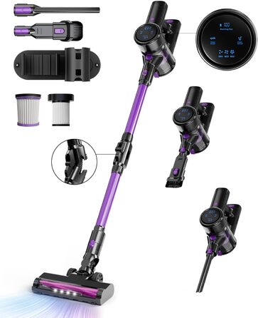 Бездротовий акумуляторний пилосос 28KPa з LED-дисплеєм, антинамотувальною щіткою та змінним акумулятором. Підходить для твердих поверхонь, килимів та видалення шерсті тварин (фіолетовий)
