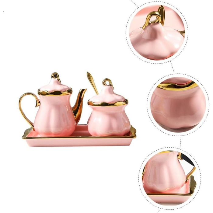 Ceramic Milk Pitcher and Sugar Bowl Set, Sugar Container, Milk Canister with Tray, Spice Jar with Lid and Spoon, Creamer, Coffee Service Set for Home, Cafe, Bar (Pink)