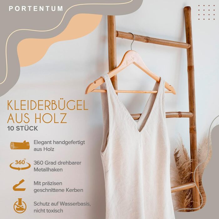 Плечики для одягу Portentum Holz, 10 шт., натуральні кольори - поворотний гачок 360°, борозни для спідниць та блузок, нековзний перекладина для штанів, підходять для костюмів, сорочок, курток
