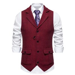 Чоловіча жилетка формальна V-подібний виріз, твід, жилетка в клітинку 'риб'ячий скелет', Slim Fit, жилетка до костюма з кишенею, бордовий