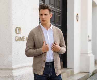 Чоловічий в'язаний кардиган Sailwind з V-подібним вирізом, зимова куртка, класичний дизайн, довгий рукав, з ґудзиками та кишенями (Пустельний хакі, L)