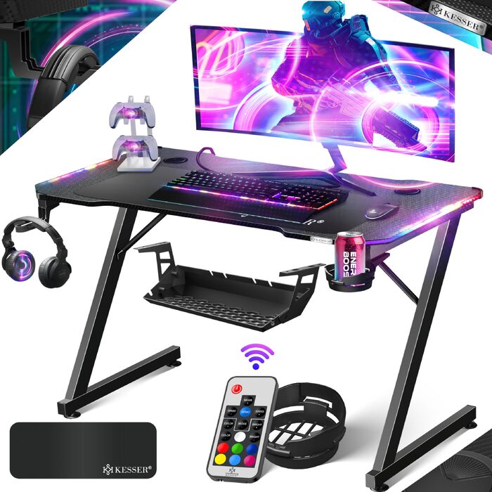 Ігровий стіл KESSER Gaming 120x60 см, Z-подібний комп'ютерний стіл з вуглецевим покриттям, підсвіткою LED, підставкою для напоїв та гачком для навушників, чорний