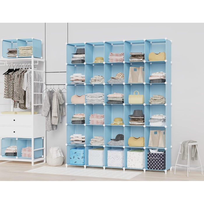 Wardrobe, Portable Shelving System, Plastic Closet with 2 Clothes Rods, Bedroom Wardrobe Closet White for Bedroom (Blue)