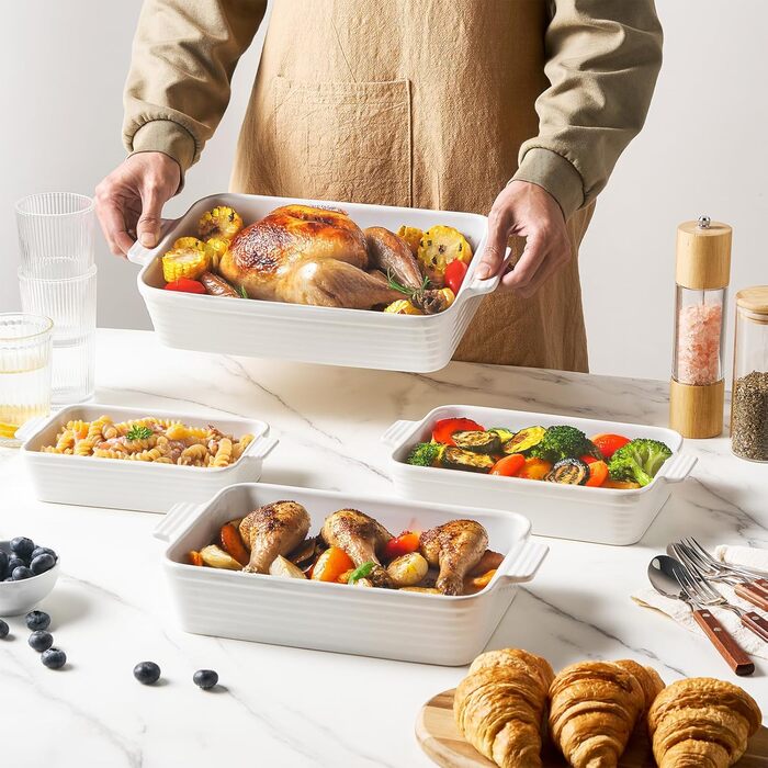 Набір форм для запікання Jassceram з кераміки (4 шт.) – глибокі прямокутні форми для лазаньї та випікання. Великий набір порцелянових форм для духовки, підходить для приготування брауні, банкетів. Розміри: 9.6'/11.5'/13.1'/15.2'