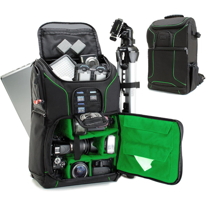 Рюкзак для камери USA Gear DSLR, фоторюкзак з захистом від ударів, кишеня для ноутбука 43,18 см, водонепроникний, регульоване сховище для об'єктивів та тринога (зелений)