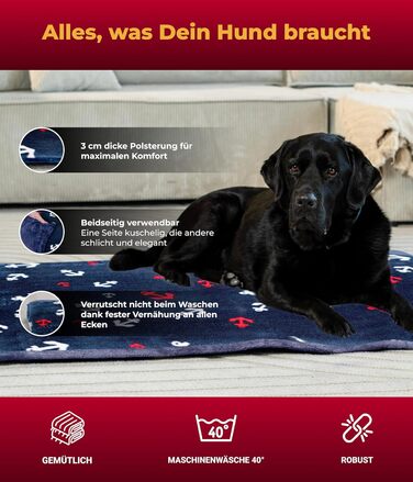 Підстилка для собак XS (45x65 см) – двостороння, м'яка, з наповнювачем 3 см – для дивану, авто, переноски – Made in Germany (75 x 115 см, Колір: Анкер-Блакитний)