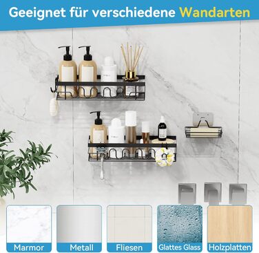 Поличка для душу без свердління, 3-секційний органайзер для душу з регульованими кошиками, нержавіюча сталь - Максимальний простір для зберігання з мильницею та 3 гачками для душу, ванної, кухні, балкону - Підставка для душу без свердління