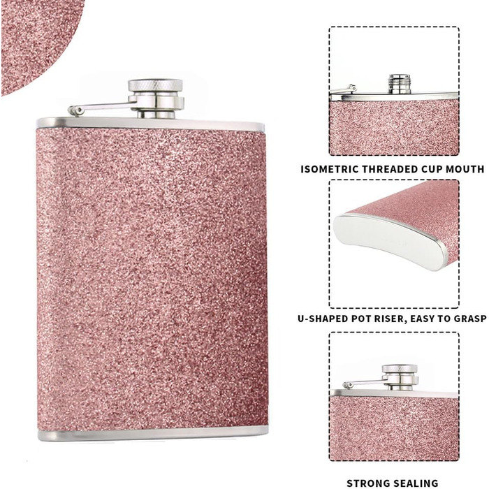 Сталевий фляж з нержавіючої сталі 304, 240 мл з воронкою - без витоку, стильний та портативний набір пляшок для чоловіків та жінок. Сталева фляга для віскі (колір: рожевий)