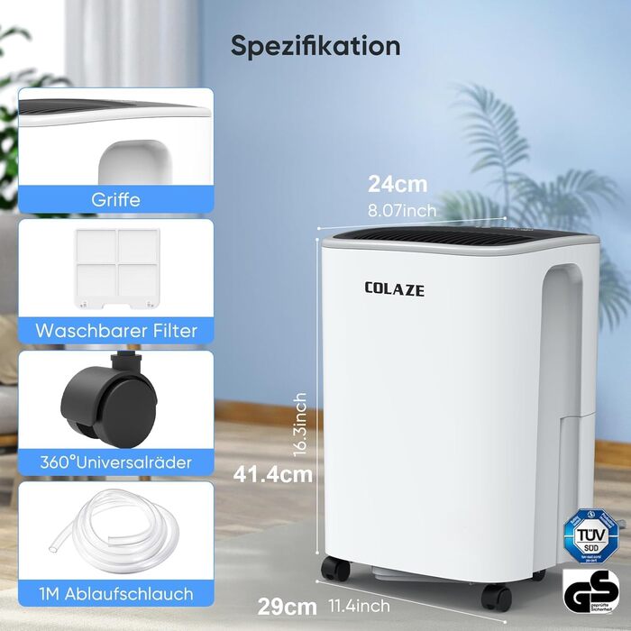 Електричний осушувач повітря COLAZE 12л/24г з автоматичною відтайкою, датчиком рівня води та низьким рівнем шуму (36дБ) для квартири, підвалу (повітряний вихід зверху)