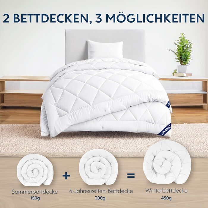 Dreamzie Duvet Cover 155x200 4 Seasons 2-Piece - Summer Duvet 155x200 150gsm + All-Season Duvet 155 x 200 300gsm = Winter Duvet 450gsm 155 x 220 cm
