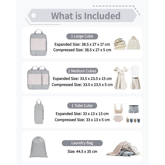 Narwey Набір з 5 органайзерів для валізи, компресійні кубики для подорожей, сірий
