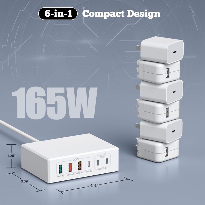 Зарядний пристрій USB-C 120W GaN, 6 портів, для iPhone/Samsung/Google/планшетів, білий