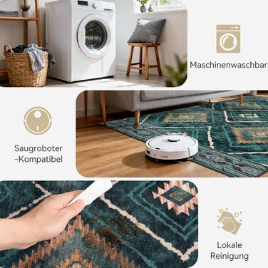 Килимок-довгий (60x300 см) для прихожого, кухні, вітальні та офісу. Нековзкий, з коротким ворсом, миючий, складаний, у стилі бохо, чорно-білий, petrolgrün