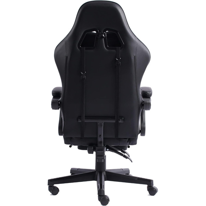 TRISENS Gaming Chair with Racing Design featuring flexible padded armrests, ergonomic PC gaming chair in leather look, desk chair with retractable footrest and extra support cushion, color: black