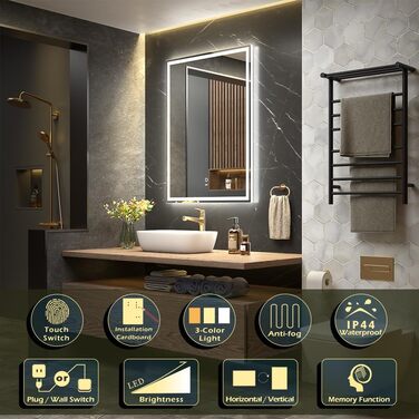 LED дзеркало для ванної кімнати KWW 80x100 см з підсвічуванням, протитуманне, регульоване освітлення, настінне, з сенсорною кнопкою