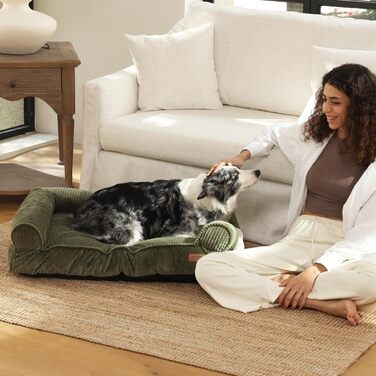 FUKUMARU Dog Bed for Large Dogs, Fluffy & Dog Sofa with Waterproof TPU Layer, Cord Fabric, Washable and Non-Slip, Removable Zipper Cover, 93 x 63 x 22 cm, Green