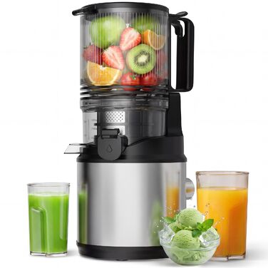 Електрична соковижималка для овочів та фруктів Slow Juicer, шнекова соковижималка для смузі та сорбету, широкий завантажувач 130мм, 250Вт, срібляста
