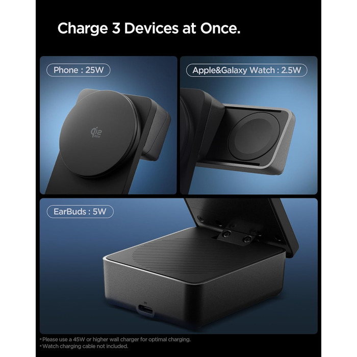 Зарядна станція Spigen Essential Qi2.2 25W 3-в-1 MagSafe для iPhone 17/16 Pro Max, Pixel 10 Pro, AirPods, Samsung Galaxy S26 Ultra - Чорна + USB-C кабель 2м