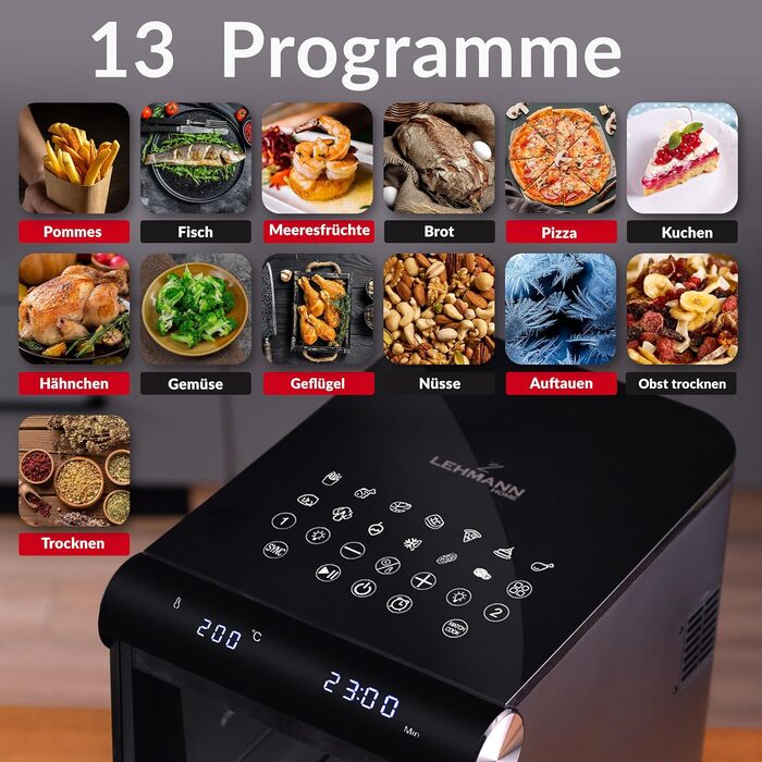Фритюрниця без олії LEHMANN з 2 камерами, 2400 Вт, AirFryer XXL з 12 програмами, до 200°C, WiFi, 11л – для смаження, випікання, сушіння, грилю