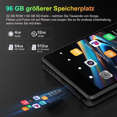 MP3 плеєр 96GB з Bluetooth, WiFi, Android 13, камерою та гучномовцем. Плеєр MP4 для Spotify, Kids, Audible, Amazon Music, Play Store - Чорний