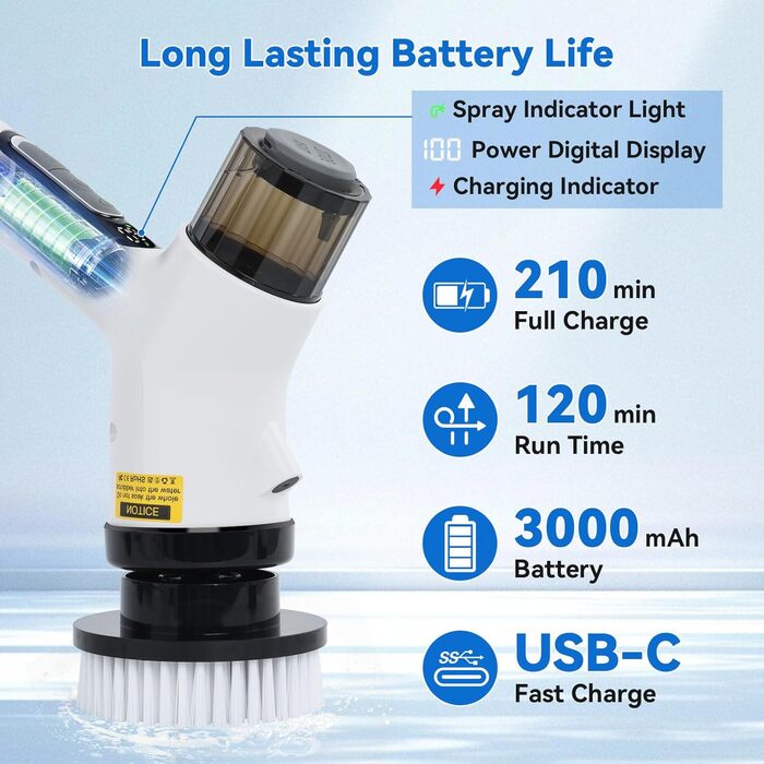 Електрична щітка для прибирання OTRAKI з 7 насадкоми: для ванної, кухні, плитки, авто