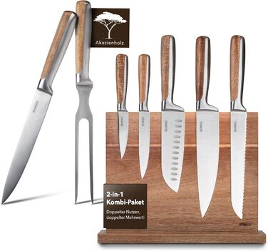 Baumfeld 6-Piece Knife Block Set - Premium Kitchen Knives with Acacia Wood Magnetic Block - Professional Chef Knife Set (Silver, Stainless Steel, & Tranchierbesteck)