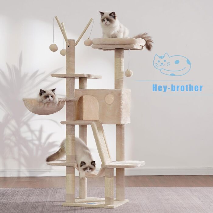Котячий будиночок з когтеточкою Hey-Brother MPJ019-SW, 135 см, бежевий: будиночок, гамак, іграшка, платформа