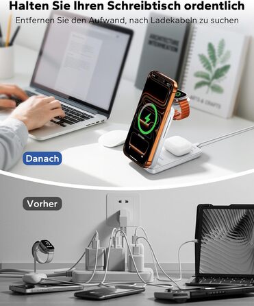 Зарядна станція 3-в-1 KPON для Apple Watch та iPhone з MagSafe, 20W, біла - Швидка зарядка для iPhone 17-12, Apple Watch 11-2, AirPods, портативна для подорожей та офісу