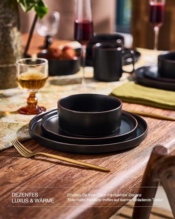 Набір посуду Mercury, 12 предметів: тарілки, супові миски, десертні тарілки, набір для 4 осіб, кераміка, колір графіт (матовий чорний), безпечний для мікрохвильової печі та посудомийної машини