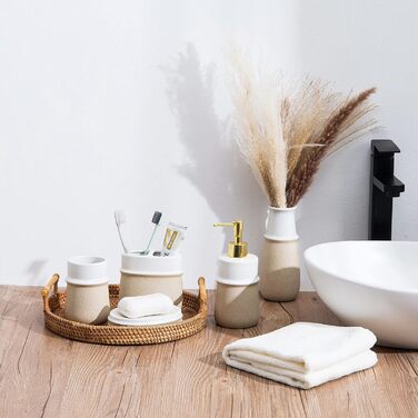 Набір аксесуарів для ванної кімнати в стилі фермерського дому, 4 шт., кераміка, подарунковий комплект, включає: стакан для зубної щітки, дозатор мила, мильниця, стакан, бежевий