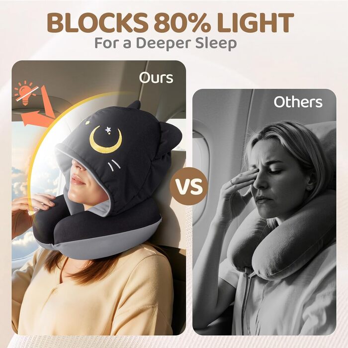 Подушка для шиї Mewaii з капюшоном, двостороння, для дітей та дорослих, дизайн котика, захист приватності, м'яка піна з пам'яті сірої кольорової гами