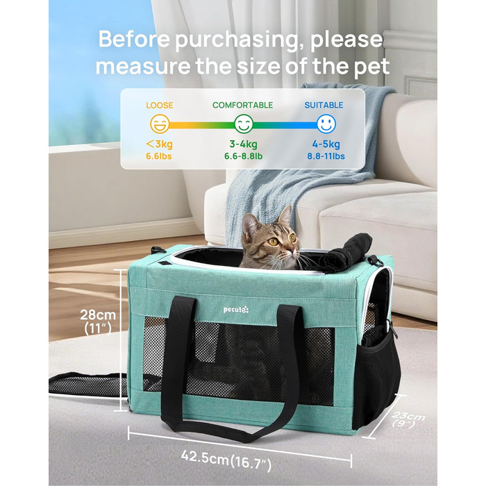 Транспортна сумка для котів Pecute Katzentasche: легка, складана, для котів та маленьких собак, до 4 кг, 44 x 23 x 30 см, аква-зелений