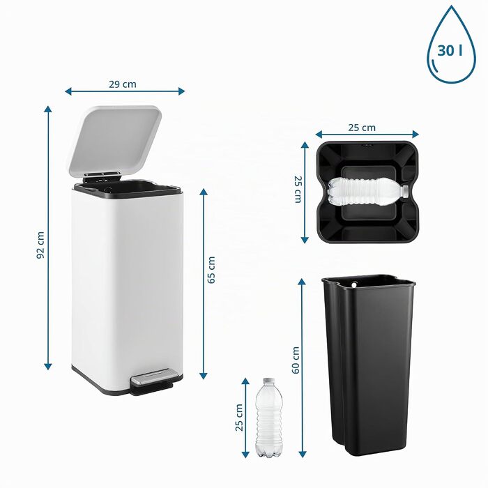 Сміттєвий відер з педаллю та кришкою Softclose hjh OFFICE CLEAN Slim, сталевий вузький кошик для сміття з внутрішнім відром, 30л, білий