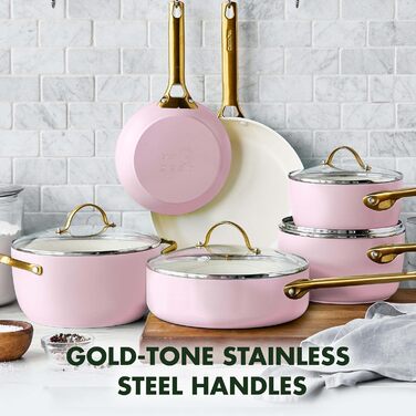 GreenPan Reserve Hard Anodized Healthy Ceramic Non-Stick Cookware Set, 10 Pieces, Including Frypans, Sauté Pan, and Saucepan, Gold Handle, PFAS-Free, Induction, Oven-Safe, Rosy Red 10-Piece Cookware Set Light Pink