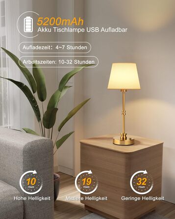 LED настільна лампа EppieBasic бездротова, торшер з торканням, регулювання яскравості, акумулятор 5200mAh, тепле світло 2700K, бронза, для спальні, вітальні, ванної кімнати