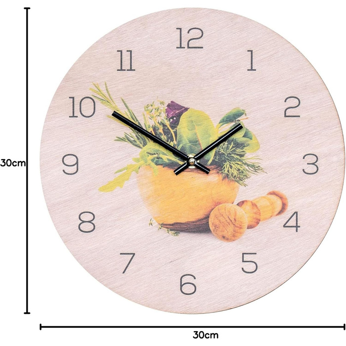 Levandeo Wall Clock, 30x30cm, Clock as Image, Kitchen, Herbs, Spices, Cooking, Decoration (Wood, Round)