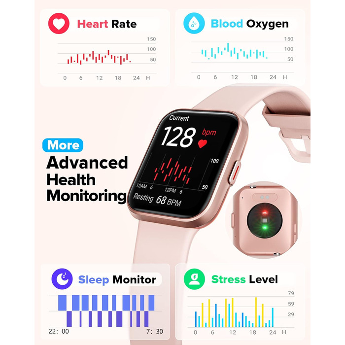 Розумний годинник для жінок з функцією телефону, 1.7' сенсорний екран, крокомір, пульсометр, моніторинг сну, SpO2, нагадування WhatsApp, IP68 водонепроникність, фітнес-трекер, рожевий
